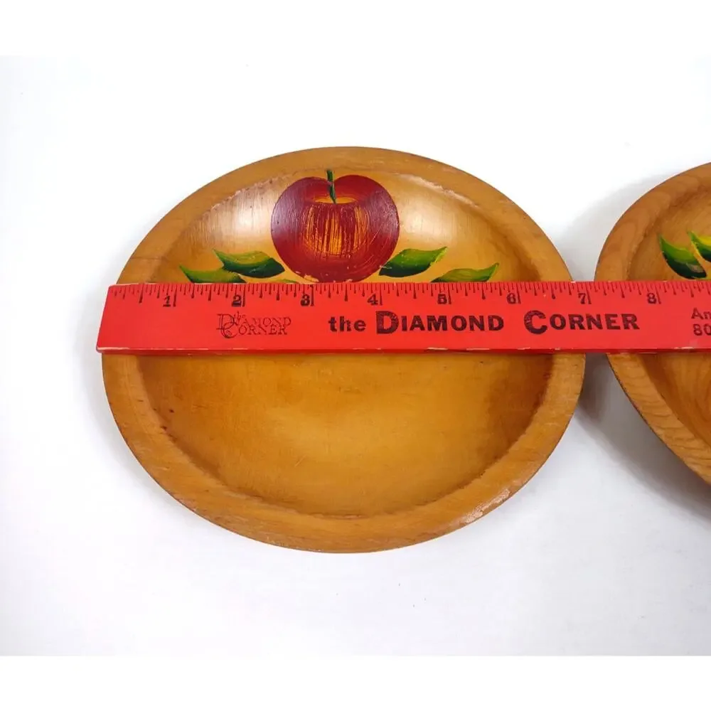 2 Vintage Hand Painted Solid Wood Salad Bowls Bowls Apple Leaf Design Signed 7